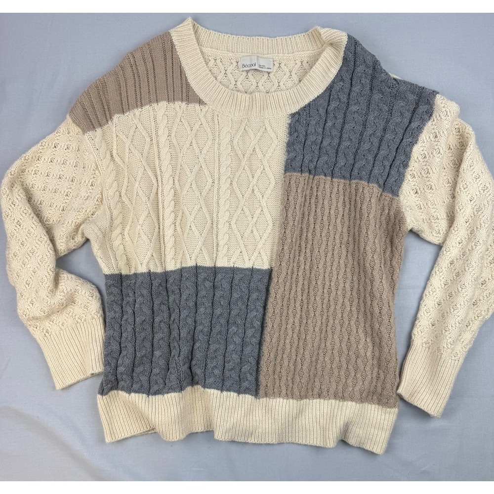 BeCool Colorblock Cable Knit Sweater Womens M/L Chunky Cottagecore